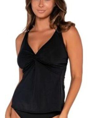 Sunset Tankini Top Size 36 DD Black Adjustable NWOT Twist Knot V Neck